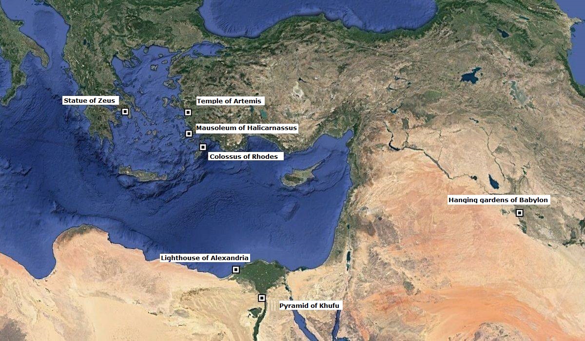 Carte des sept merveilles du monde antique
