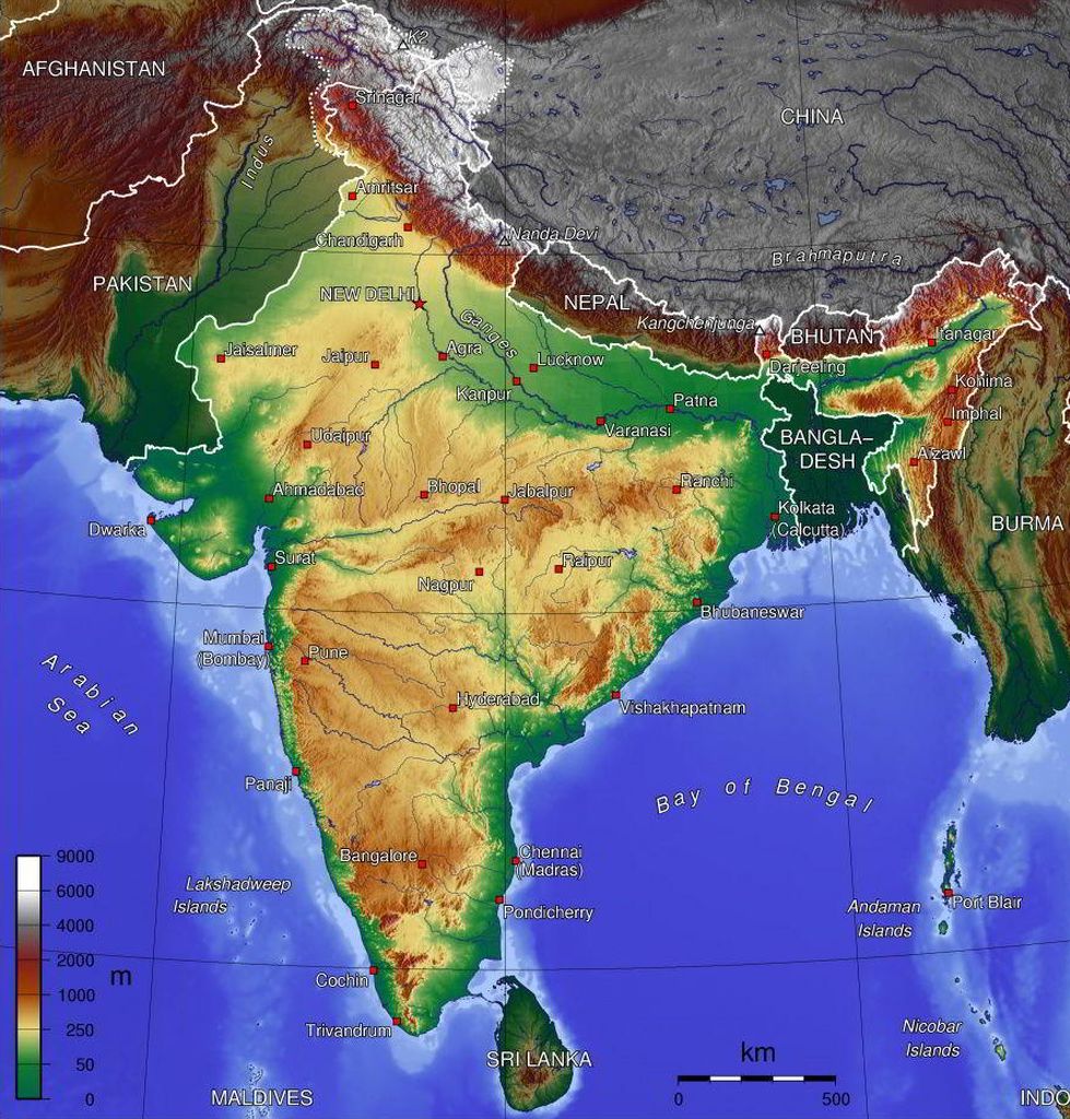 Relief map of India