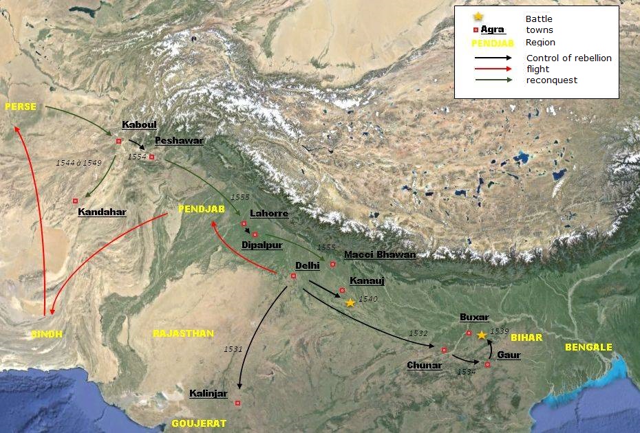 Map of Humâyûn conquests between 1530 and 1555